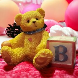 Vtg 95 Priscilla Hillman Teddy Bear/Block B Heart Baby Shower Enesco Figurine